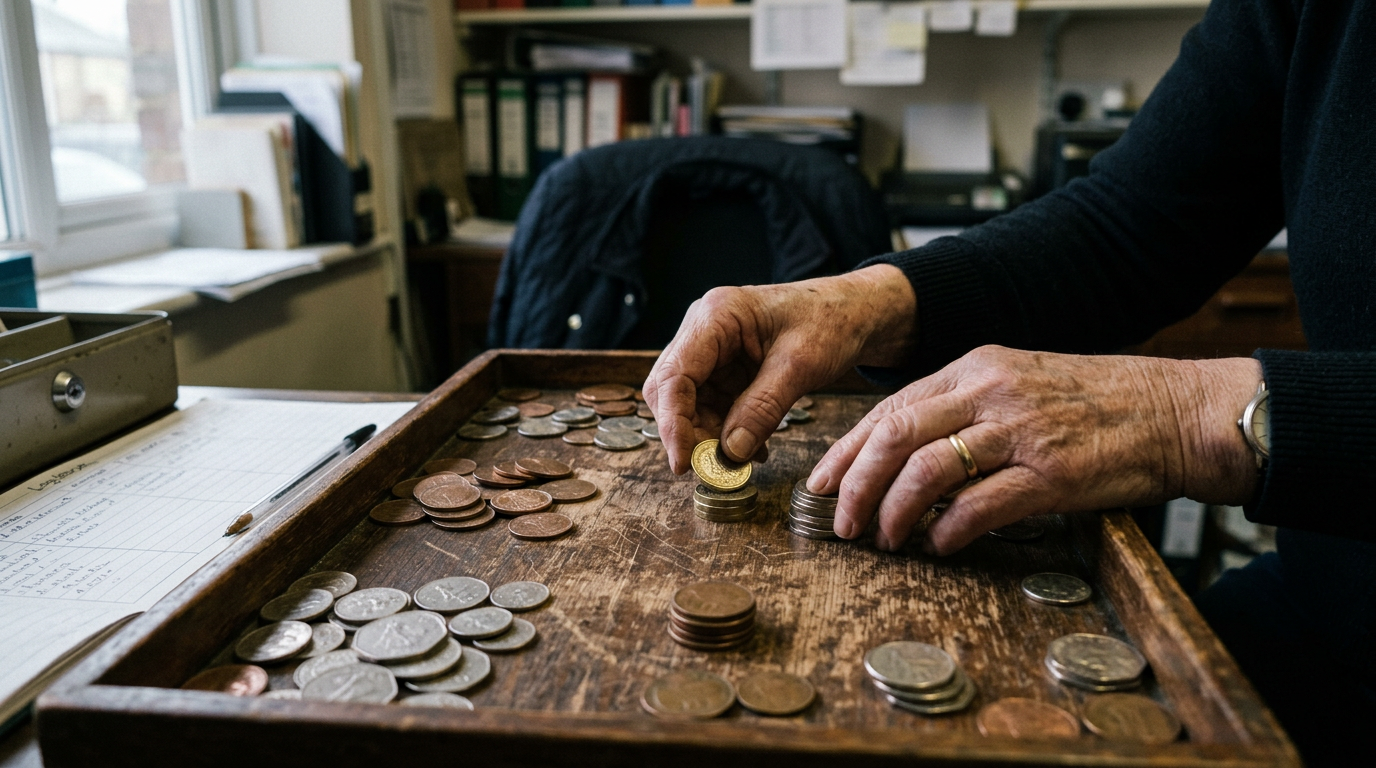 Hands counting coins on a tray in soft light