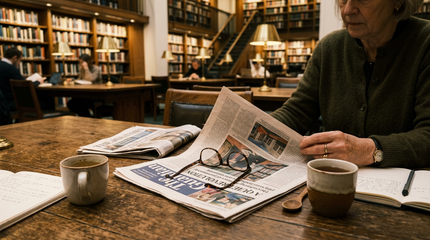 Stacks of research papers and journals in a quiet library setting.