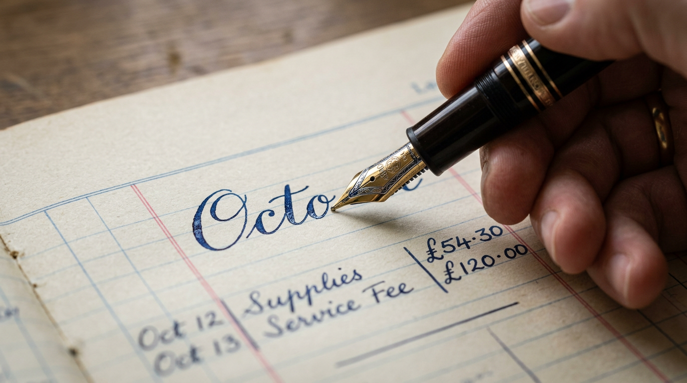 Pen resting on an open ledger with ruled lines.