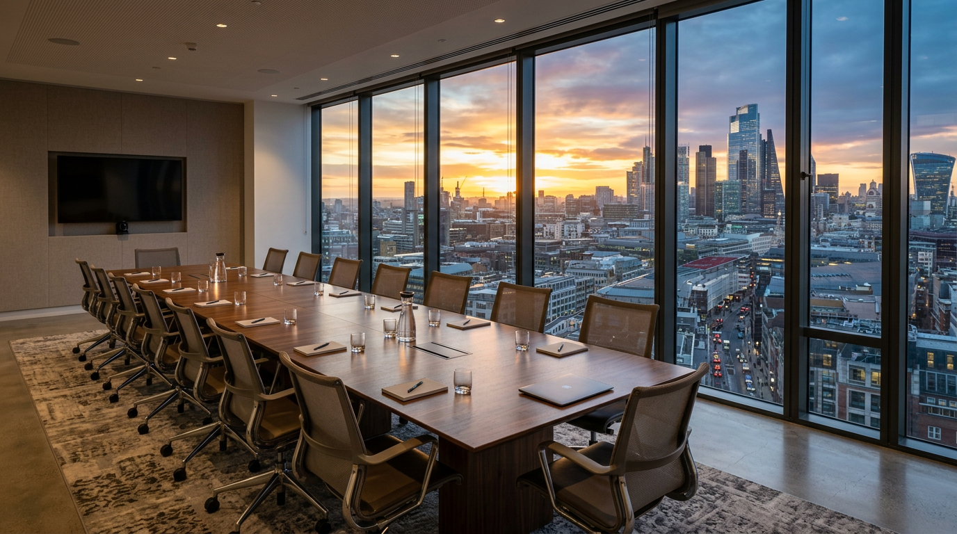 Conference room at sunset with city skyline through windows.